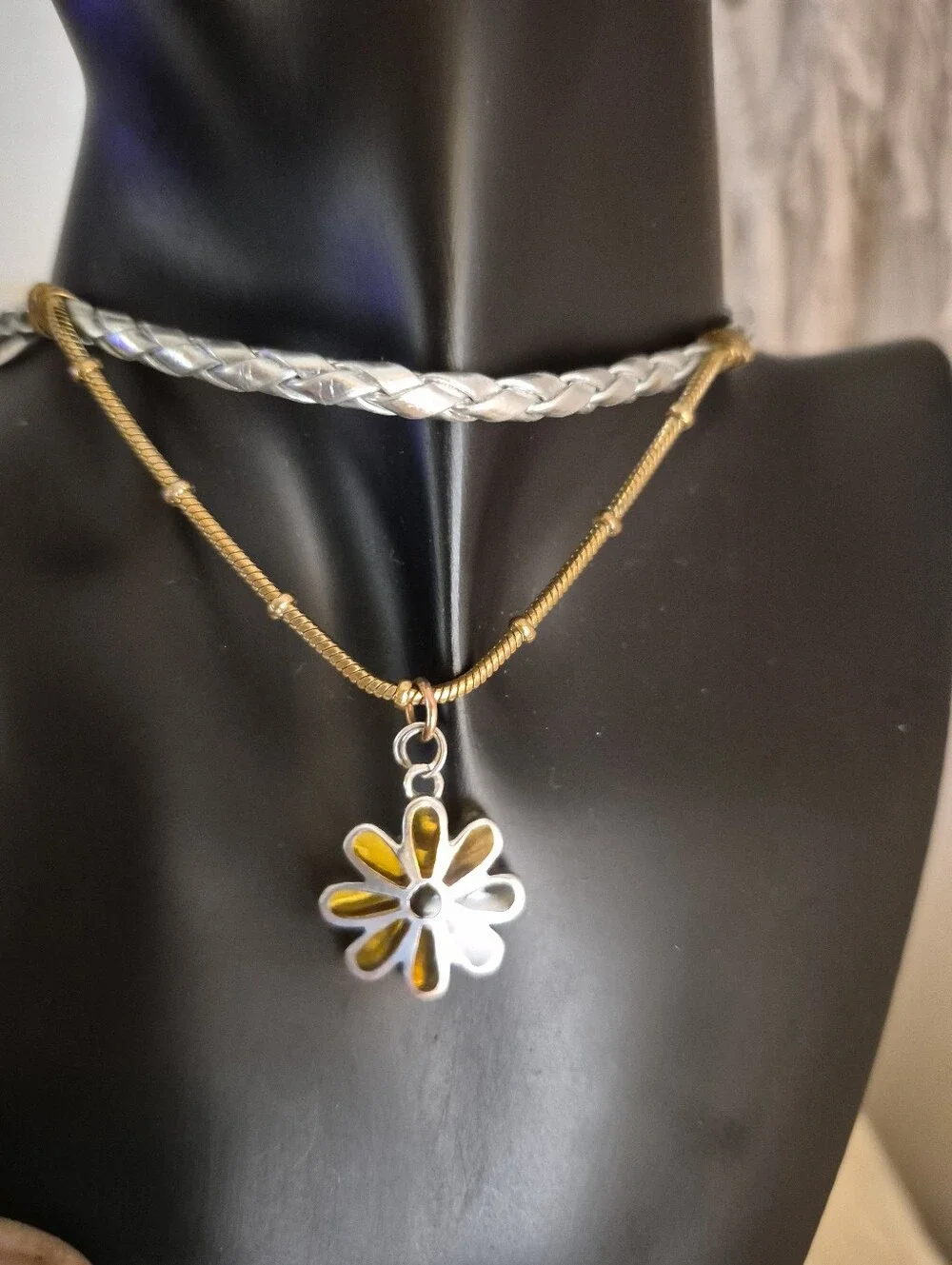 Handmade Sterling Silver Yellow Glass Inlay Daisy Pendant Leather Chain Choker